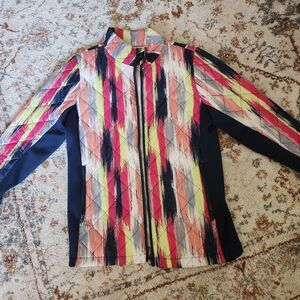 Colorful Quilted Zip-Up Jacket - Neon Coral, Yellow & Navy